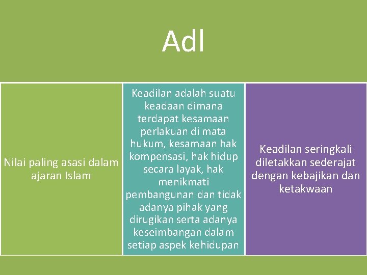 Adl Keadilan adalah suatu keadaan dimana terdapat kesamaan perlakuan di mata hukum, kesamaan hak