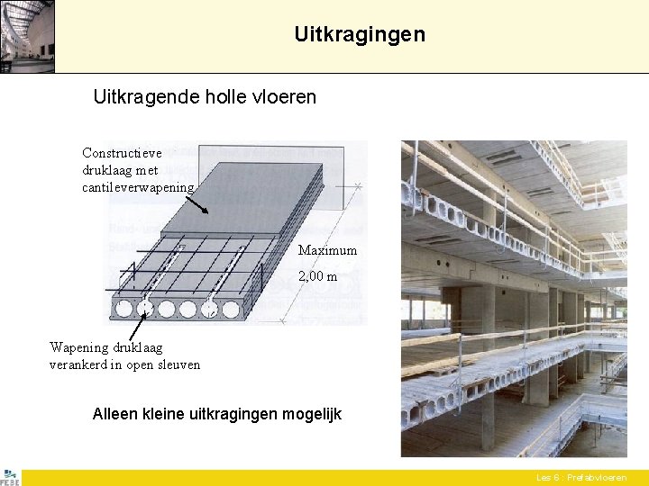 Uitkragingen Uitkragende holle vloeren Constructieve druklaag met cantileverwapening Maximum 2, 00 m Wapening druklaag Uitkragingen Uitkragende holle vloeren Constructieve druklaag met cantileverwapening Maximum 2, 00 m Wapening druklaag