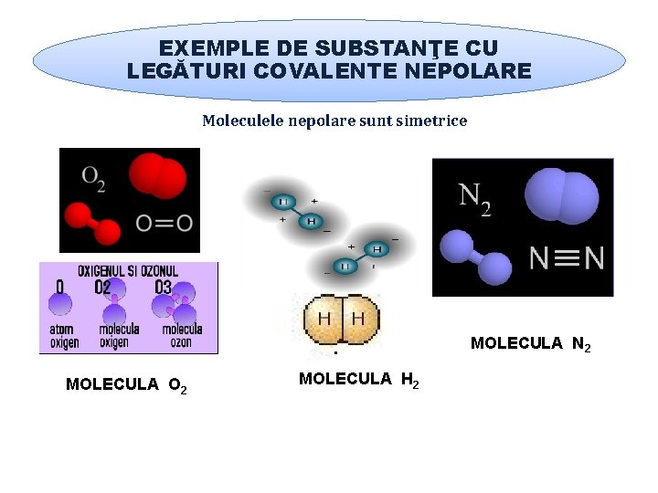 EXEMPLE DE SUBSTANŢE CU LEGĂTURI COVALENTE NEPOLARE Moleculele nepolare sunt simetrice MOLECULA N 2