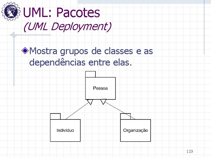 UML: Pacotes (UML Deployment) Mostra grupos de classes e as dependências entre elas. 119