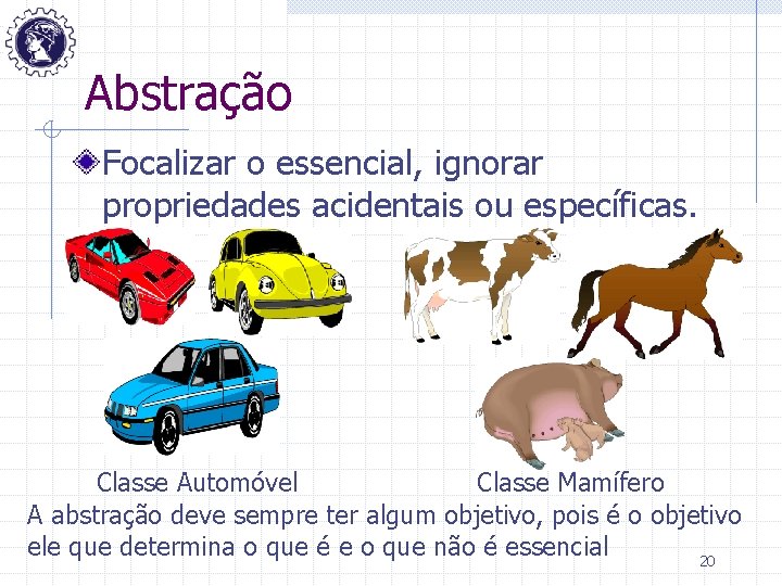 Abstração Focalizar o essencial, ignorar propriedades acidentais ou específicas. Classe Automóvel Classe Mamífero A
