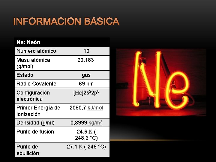 INFORMACIÓN BÁSICA Ne: Neón Numero atómico Masa atómica (g/mol) Estado Radio Covalente Configuración electrónica