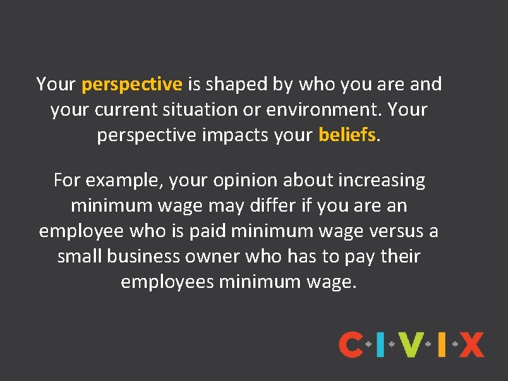 Your perspective is shaped by who you are and your current situation or environment.