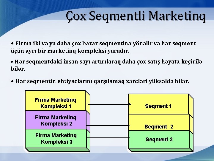 Çox Seqmentli Marketinq • Firma iki və ya daha çox bazar seqmentinə yönəlir və