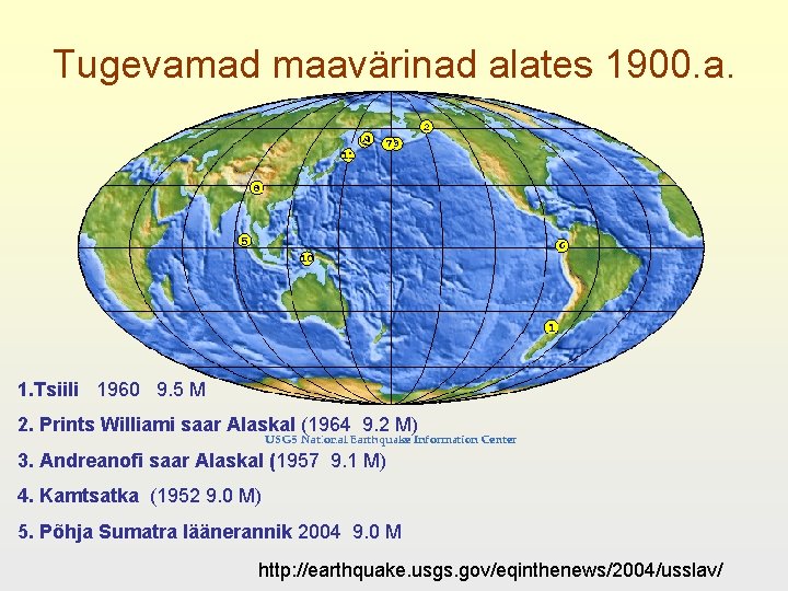 Tugevamad maavärinad alates 1900. a. 1. Tsiili 1960 9. 5 M 2. Prints Williami