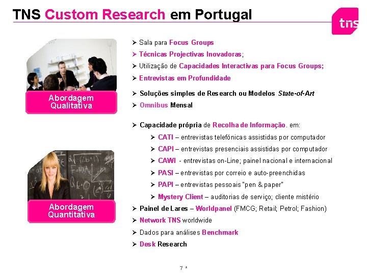 TNS Custom Research em Portugal Ø Sala para Focus Groups Ø Técnicas Projectivas Inovadoras;