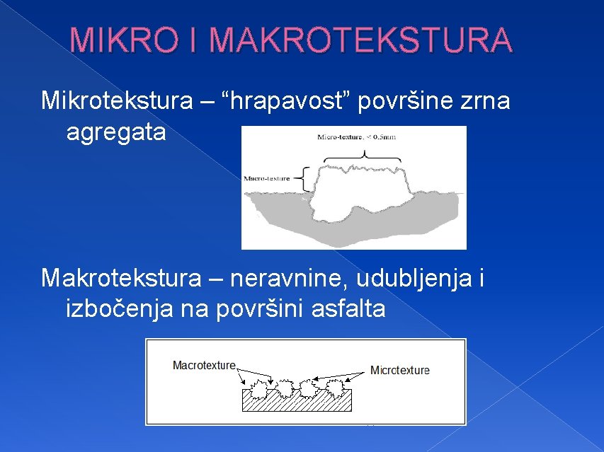 MIKRO I MAKROTEKSTURA Mikrotekstura – “hrapavost” površine zrna agregata Makrotekstura – neravnine, udubljenja i