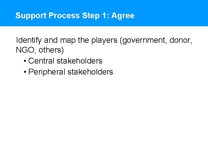 Support Process Step 1: Agree Identify and map the players (government, donor, NGO, others)