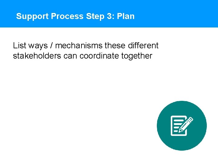 Support Process Step 3: Plan List ways / mechanisms these different stakeholders can coordinate
