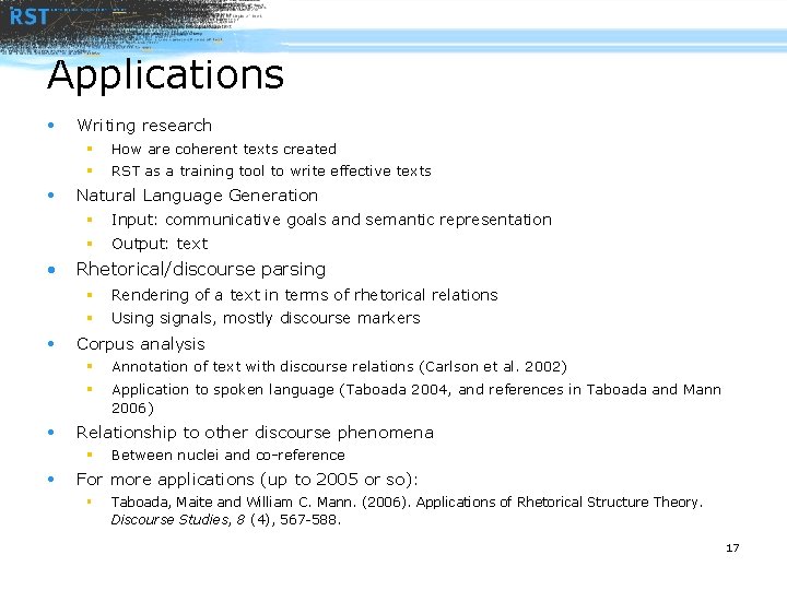 Applications • Writing research § How are coherent texts created § RST as a