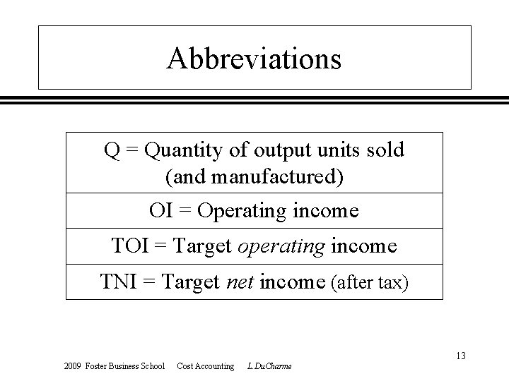 Abbreviations Q = Quantity of output units sold (and manufactured) OI = Operating income