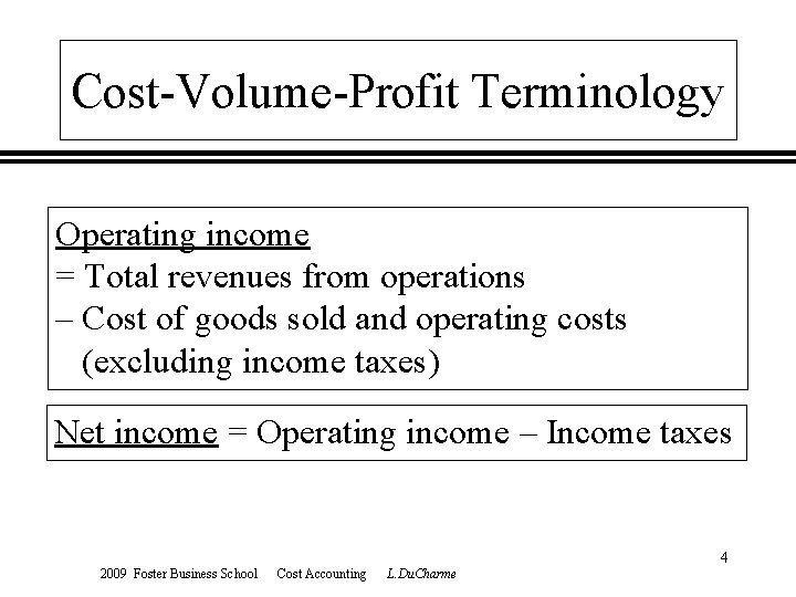 Cost-Volume-Profit Terminology Operating income = Total revenues from operations – Cost of goods sold