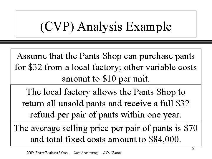(CVP) Analysis Example Assume that the Pants Shop can purchase pants for $32 from