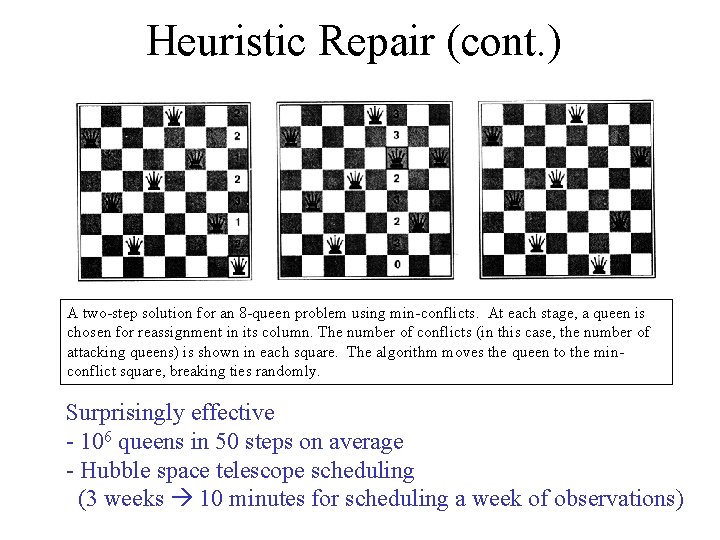 Heuristic Repair (cont. ) A two-step solution for an 8 -queen problem using min-conflicts.