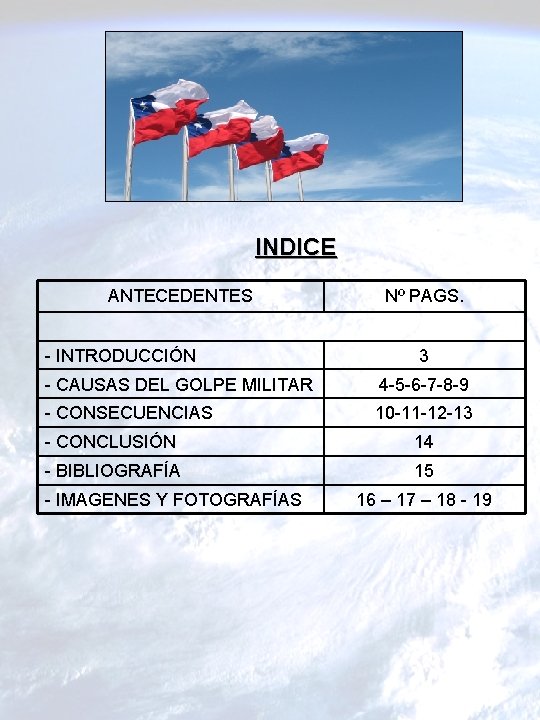 INDICE ANTECEDENTES - INTRODUCCIÓN Nº PAGS. 3 - CAUSAS DEL GOLPE MILITAR 4 -5