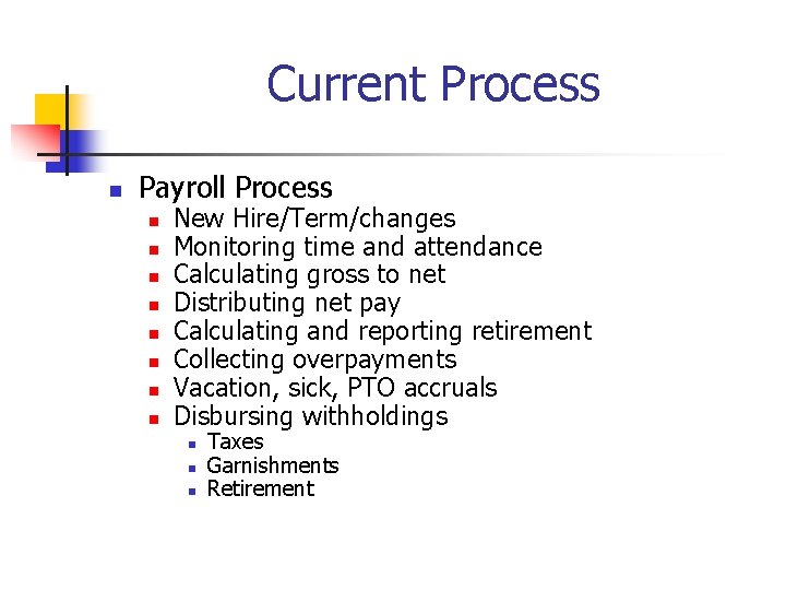 Current Process n Payroll Process n n n n New Hire/Term/changes Monitoring time and