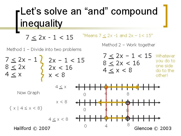 Let’s solve an “and” compound inequality 7 < 2 x - 1 < 15