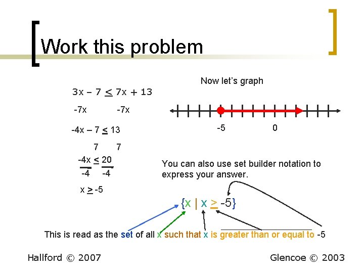 Work this problem Now let’s graph 3 x – 7 < 7 x + Work this problem Now let’s graph 3 x – 7 < 7 x +