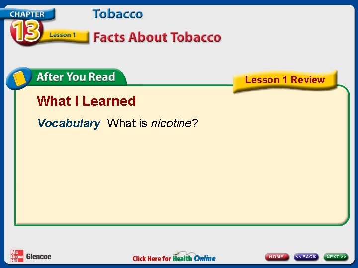Lesson 1 Review What I Learned Vocabulary What is nicotine? 