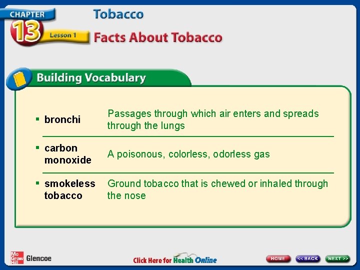 § bronchi § carbon monoxide § smokeless tobacco Passages through which air enters and