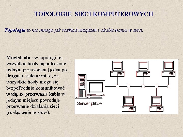 TOPOLOGIE SIECI KOMPUTEROWYCH Topologia to nic innego jak rozkład urządzeń i okablowania w sieci.