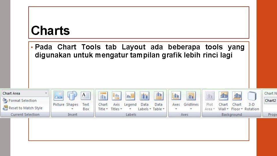 Charts • Pada Chart Tools tab Layout ada beberapa tools yang digunakan untuk mengatur