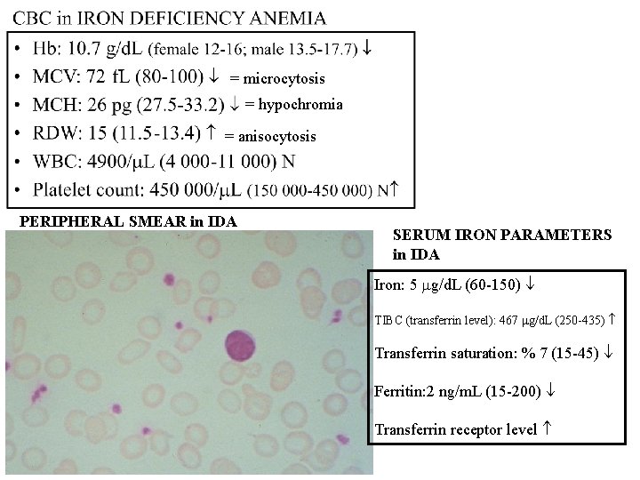 = microcytosis = hypochromia = anisocytosis PERIPHERAL SMEAR in IDA SERUM IRON PARAMETERS in