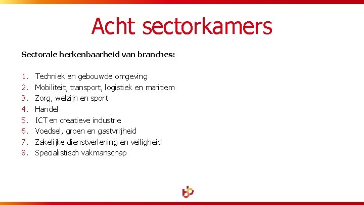 Acht sectorkamers Sectorale herkenbaarheid van branches: 1. 2. 3. 4. 5. 6. 7. 8.