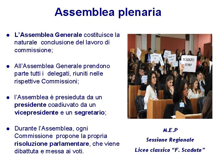 Assemblea plenaria L’Assemblea Generale costituisce la naturale conclusione del lavoro di commissione; All’Assemblea Generale