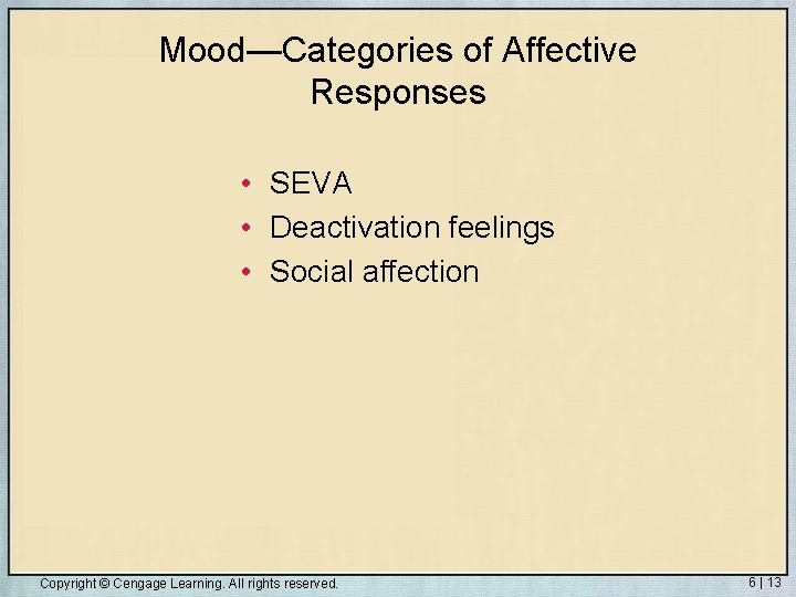 Mood—Categories of Affective Responses • SEVA • Deactivation feelings • Social affection Copyright ©