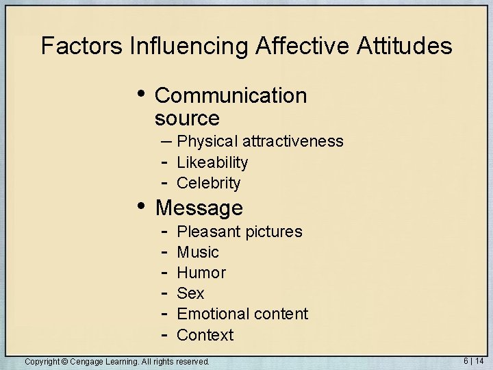 Factors Influencing Affective Attitudes • Communication source – Physical attractiveness - Likeability - Celebrity