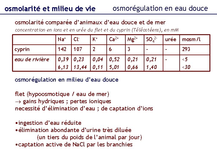 osmorégulation en eau douce osmolarité et milieu de vie osmolarité comparée d’animaux d’eau douce