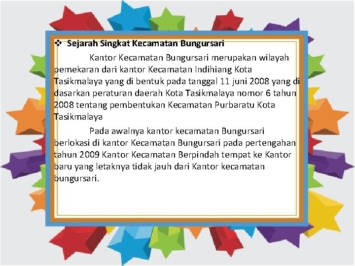 v Sejarah Singkat Kecamatan Bungursari Kantor Kecamatan Bungursari merupakan wilayah pemekaran dari kantor Kecamatan