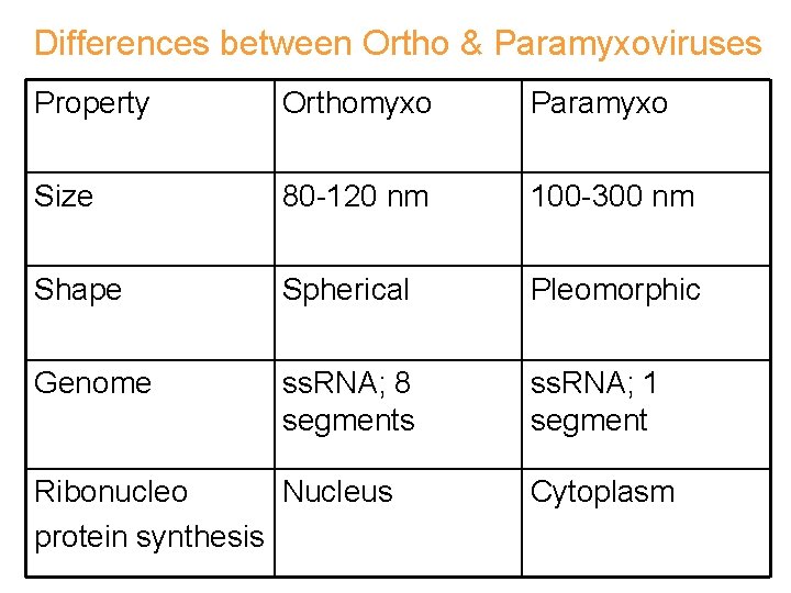Differences between Ortho & Paramyxoviruses Property Orthomyxo Paramyxo Size 80 -120 nm 100 -300