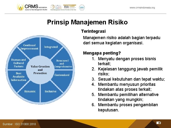 Prinsip Manajemen Risiko Terintegrasi Manajemen risiko adalah bagian terpadu dari semua kegiatan organisasi. Mengapa