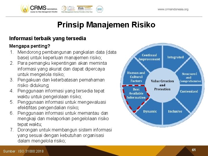 Prinsip Manajemen Risiko Informasi terbaik yang tersedia Mengapa penting? 1. Mendorong pembangunan pangkalan data