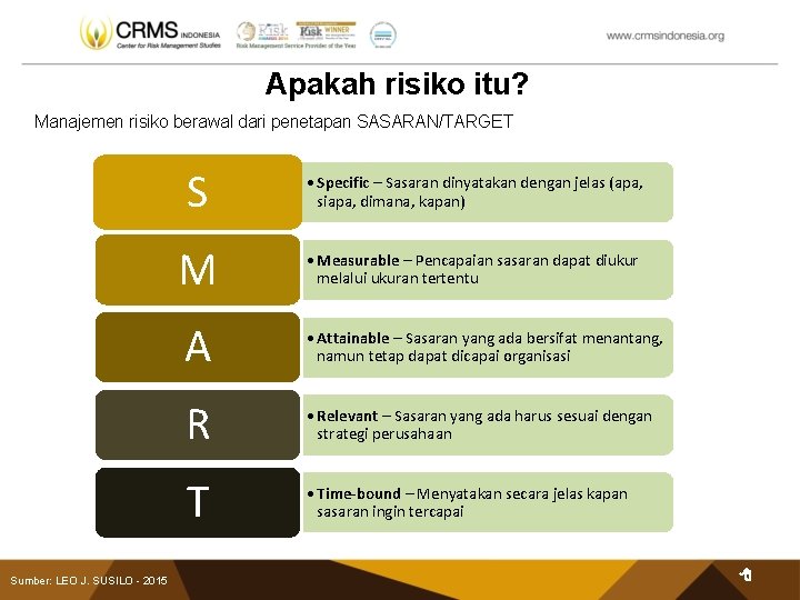 Apakah risiko itu? Manajemen risiko berawal dari penetapan SASARAN/TARGET Sumber: LEO J. SUSILO -