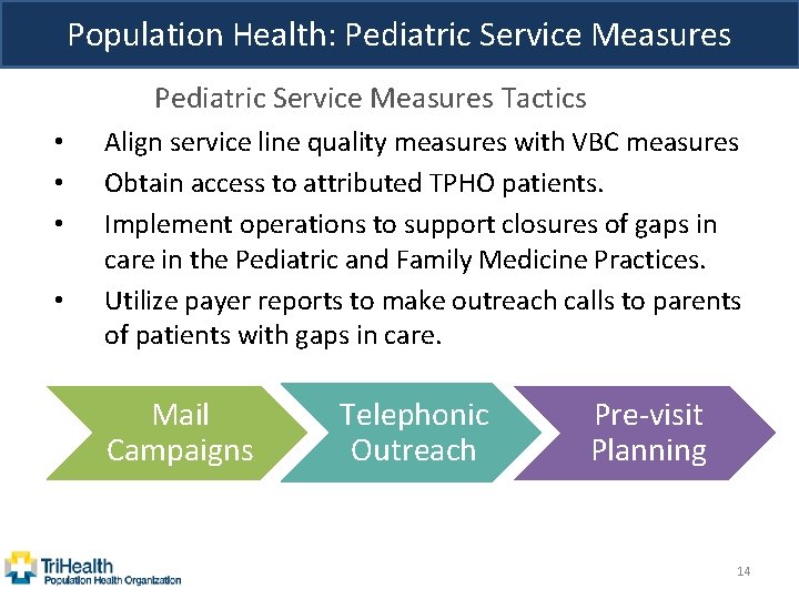 Population Health: Pediatric Service Measures Tactics • • : Align service line quality measures