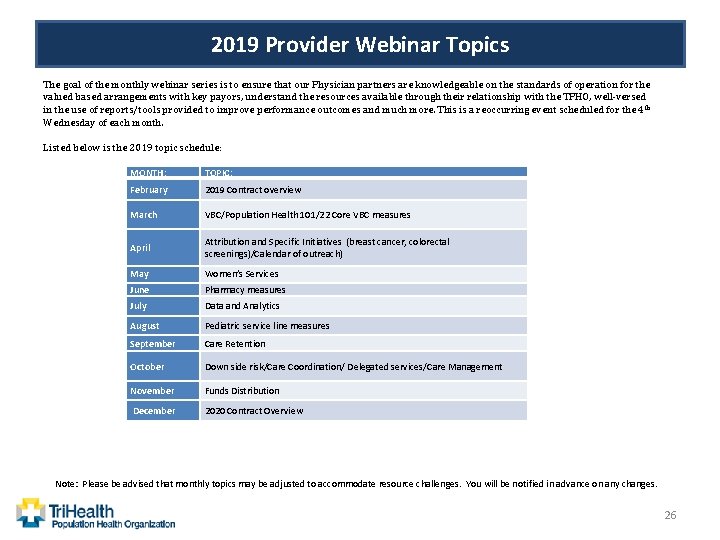 2019 Provider Webinar Topics The goal of the monthly webinar series is to ensure