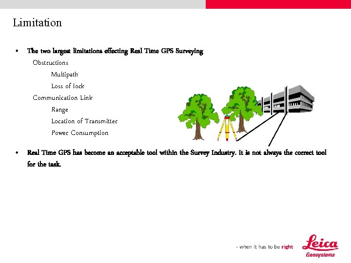 Limitation • The two largest limitations effecting Real Time GPS Surveying Obstructions Multipath Loss