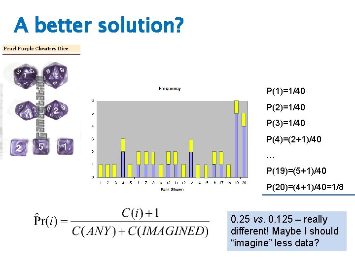 A better solution? P(1)=1/40 P(2)=1/40 P(3)=1/40 P(4)=(2+1)/40 … P(19)=(5+1)/40 P(20)=(4+1)/40=1/8 0. 25 vs. 0.