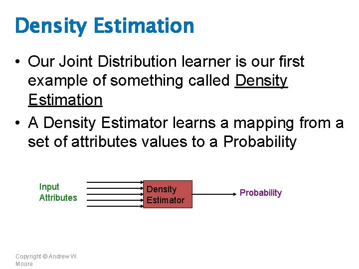 Density Estimation • Our Joint Distribution learner is our first example of something called