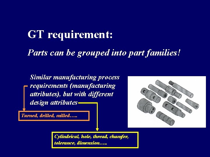GT requirement: Parts can be grouped into part families! Similar manufacturing process requirements (manufacturing GT requirement: Parts can be grouped into part families! Similar manufacturing process requirements (manufacturing
