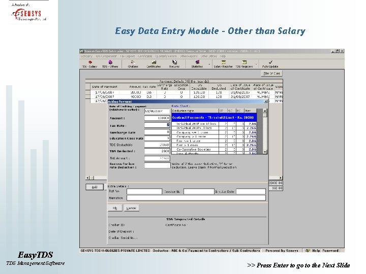 Easy Data Entry Module – Other than Salary Easy. TDS Management Software >> Press