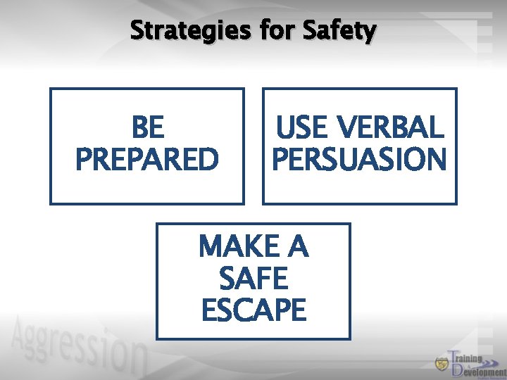 Strategies for Safety BE PREPARED USE VERBAL PERSUASION MAKE A SAFE ESCAPE 