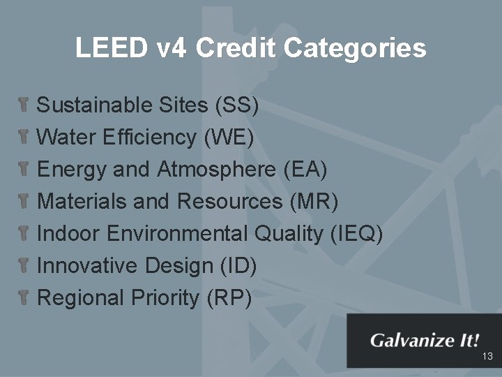 LEED v 4 Credit Categories Sustainable Sites (SS) Water Efficiency (WE) Energy and Atmosphere