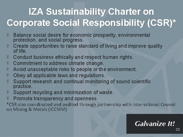 IZA Sustainability Charter on Corporate Social Responsibility (CSR)* Balance social desire for economic prosperity,