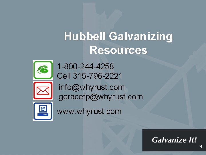 Hubbell Galvanizing Resources 1 -800 -244 -4258 Cell 315 -796 -2221 info@whyrust. com geracefp@whyrust.