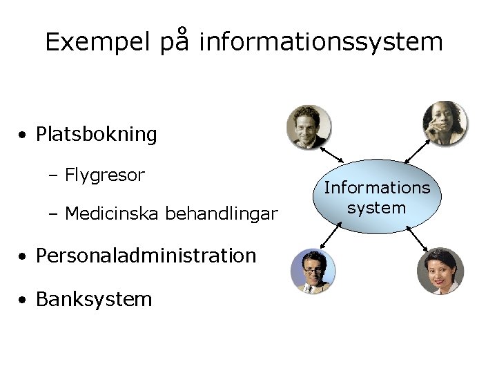 Exempel på informationssystem • Platsbokning – Flygresor – Medicinska behandlingar • Personaladministration • Banksystem