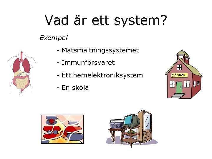 Vad är ett system? Exempel - Matsmältningssystemet - Immunförsvaret - Ett hemelektroniksystem - En